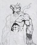 abs antennae_(anatomy) anthro belt biped chain cigar clothed clothing cybernetics ear_piercing ear_ring eye_patch eyewear fingerless_gloves gloves handwear machine male mechanical_arm muscular muscular_anthro muscular_male notched_ear piercing prosthetic prosthetic_arm prosthetic_limb ring_piercing scar smoking solo standing topless vein veiny_arms veiny_muscles madtincho biker_mice_from_mars modo_(bmfm) alien cyborg mammal mouse murid murine rodent black_and_white monochrome