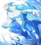 abs anthro biceps blue_body claws clothing fin male muscular muscular_anthro muscular_male pecs solo suit superhero water velk daidalos_(macro_sergal) fish marine shark hi_res