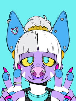 anthro ear_piercing facial_piercing female gesture hair hand_gesture nose_piercing piercing ponytail ring simple_background snaggle_tooth v_sign chibemo chibemo_foxdale hyena mammal striped_hyena 3:4 hi_res