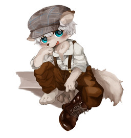 3_toes 4_fingers anthro black_nose blue_eyes blush blush_lines boots bottomwear brown_bottomwear brown_clothing brown_ears brown_pants cheek_tuft clothed clothing collared_shirt dipstick_ears ear_markings facial_tuft feet fingers flat_cap footwear fur gloves hair handwear hat headgear headwear inner_ear_fluff kemono looking_aside male multicolored_ears open_mouth pants partially_clothed shirt shoes solo spiral spiral_eyes suspenders toes topwear triangle_nose tuft white_body white_clothing white_fur white_hair white_inner_ear white_inner_ear_fluff white_shirt white_topwear young young_anthro kintubaovo 2021 absurd_res digital_media_(artwork) hi_res shaded