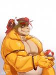 anthro belly eyebrows fungus hair half-closed_eyes horn male musclegut muscular muscular_anthro muscular_male mushroom narrowed_eyes pecs red_eyes red_hair simple_background solo xantouke mario_bros nintendo bowser koopa scalie 2019 3:4 hi_res