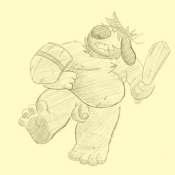 anthro balls belly genitals humanoid_genitalia humanoid_hands humanoid_penis male melee_weapon moobs nipples overweight overweight_anthro overweight_male penis shield simple_background solo sword weapon gmarrascapache canid canine canis domestic_dog mammal 1:1 2019 hi_res