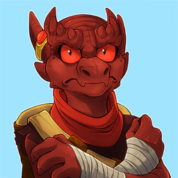 annoyed anthro backpack bandage bandaged_arm blue_background claws clothing crossed_arms eyebrows female finger_claws frown horn horn_jewelry jewelry looking_at_viewer red_body red_eyes red_scales red_sclera scales simple_background snout solo topwear vest serval_(artist) dungeons_and_dragons hasbro wizards_of_the_coast gix kobold scalie 1:1 2021 bust_portrait hi_res portrait
