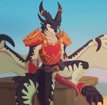 animal_genitalia anklet anthro armor belt big_penis blue_sky bodily_fluids bottomless breastplate cheek_spikes claws clothed clothing day detailed_background dewclaw digitigrade erection facial_spikes front_view genital_fluids genital_slit genitals horn horn_jewelry horn_ring jewelry long_penis male male_anthro membrane_(anatomy) membranous_wings outside pauldron penis precum presenting presenting_penis pupils raised_leg red_eyes ring_(jewelry) sitting sky slit_pupils smile smirk solo spikes spikes_(anatomy) spread_legs spreading tapering_penis utility_belt wing_claws wings dinkysaurus blizzard_entertainment european_mythology mythology warcraft redshift_(dinkysaurus) dracthyr dragon mythological_creature mythological_scalie scalie western_dragon 2025 hi_res portrait