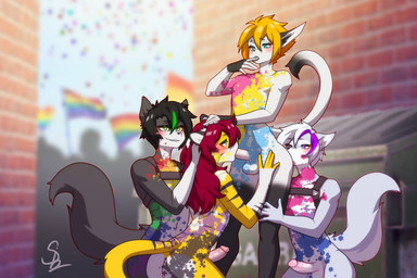 alley anal anthro balls bedroom_eyes belly bisexual_pride_colors black_body black_ears black_hair black_stripes black_tail black_tail_tip blue_eyes bodypaint chest_harness confetti countershading dipstick_tail dumpster fellatio femboy femboy/femboy fingerless_(marking) fingerless_gloves_(marking) genitals gloves_(marking) grin group hair harness leg_markings lgbt_pride looking_pleasured male male/male markings multicolored_hair narrowed_eyes nonbinary_pride_colors oral oral_sandwich orange_hair outside outside_sex pansexual_pride_colors penile penis pink_penis pride_colors purple_eyes rainbow_pride_colors red_hair rimming seductive sex smile socks_(marking) striped_body stripes tail tail_markings thigh_markings white_belly white_body white_ears white_eyeshadow white_hair white_tail yellow_body yellow_tail siamkhan lgbt_pride_month caesar_vorschlaghammer_(custom_ink) ethan_dye nicholas_qatar_(custom_ink) quinn_ink 3:2 hi_res