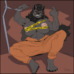 4_toes anthro areola barefoot big_areola big_breasts big_nipples black_border black_hair black_pawpads border bottomwear bound breasts captured claws clothed clothing cuff_(restraint) ear_piercing fangs feet female hair handcuffed handcuffs huge_breasts looking_at_viewer metal_cuffs muscular muscular_anthro muscular_arms muscular_female nipples pants pawpads paws piercing plantigrade prison_uniform prisoner red_eyes restrained restraints sitting solo submissive submissive_female teeth toes topless mainlinemojo mythology tania_marovitch canid canine canis mammal mythological_canine mythological_creature werecanid werecanine werecreature werewolf wolf 2021 digital_media_(artwork) hi_res