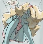 blonde_hair blue_body blue_skin breasts clothed clothing female genitals hair multi_eye not_furry nurse nurse_clothing nurse_uniform pussy simple_background solo text uniform cartoon_network steven_universe rainbow_quartz_(steven_universe) alien alien_humanoid gem_(species) gem_fusion humanoid rainbow_quartz_(gem_species) hi_res