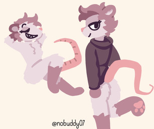 anthro black_clothing bottomless brown_body brown_fur butt clothed clothing eyes_closed featureless_chest feet female fluffy fur grey_body hands_behind_head hoodie hoodie_only looking_at_viewer nude nude_anthro nude_female pawpads paws raised_leg rear_focus rodent_tail sharp_teeth side_view simple_background sitting smile soles solo standing tail teeth tomboy toothy_grin topwear topwear_only nobuddy skaz american_opossum mammal marsupial hi_res