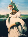 ambiguous_gender anthro clothed clothing cloud day detailed_background dress green_body open_mouth outside scales sky smile solo teeth tongue hillarywhiterabbit godzilla_(series) mademoiselle_caroline_riviere toho gigan kaiju monster 2013 acrylic_painting_(artwork) inspired_by_formal_art painting_(artwork) signature traditional_media_(artwork) traditional_painting_(artwork)