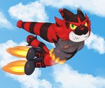 black_boots black_clothing black_footwear boots clothing cloud flying footwear jewelry male pendant rocket_boots shoes sky solo kurohane_karasu nintendo pokemon tahu_(incineroar) generation_7_pokemon incineroar pokemon_(species)