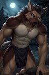 5_fingers abs anthro biceps biped black_nose blue_eyes bottomwear brown_body brown_fur brown_tail clothed clothing detailed_background fangs fingers forest front_view fur humanoid_hands loincloth loincloth_only looking_at_viewer male male_anthro moon muscular muscular_anthro muscular_male navel night obliques outside pecs plant seductive solo standing tail teeth topless topless_anthro topless_male tree clockhands canid canine canis domestic_dog german_shepherd herding_dog mammal pastoral_dog 2024 digital_media_(artwork) hi_res