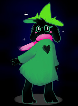 anthro black_body black_fur blush clothed clothing eyewear fur glasses hat headgear headwear male scarf simple_background smile solo elpatrixf deltarune undertale_(series) ralsei bovid caprine darkner goat mammal 2018 digital_media_(artwork)