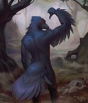 anthro beak black_body black_feathers bone day detailed_background feathers forest looking_at_viewer looking_back looking_back_at_viewer male muscular muscular_male outside plant red_eyes skull solo standing swamp tree eruca enlas avian bird corvid oscine passerine 2022 digital_media_(artwork) digital_painting_(artwork) hi_res