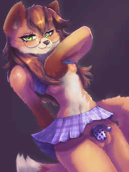 anthro breasts brown_hair chastity_cage chastity_device clothed clothing clothing_pull eyewear fur genitals glasses green_eyes gynomorph hair intersex nipples orange_body orange_fur purple_clothing small_breasts solo standing tongue tongue_out undressing white_body white_fur lizzyrascal peavyfox canid canine fox mammal red_fox true_fox 3:4 digital_drawing_(artwork) digital_media_(artwork) hi_res