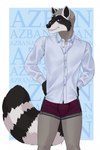 anthro athletic blue_eyes clothed clothing dress_shirt garter_straps male partially_clothed pose posing_for_picture shirt shirt_stays shirtless shirtless_male smile solo topwear underwear underwear_only sajophoe azban mammal procyonid raccoon hi_res