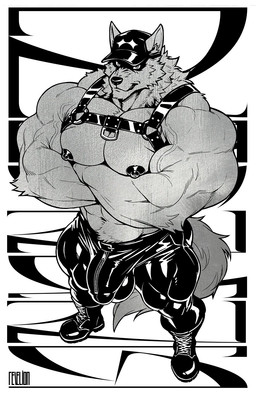 anthro barazoku biceps big_bulge big_muscles big_pecs boots bottomwear bulge clothing crossed_arms deltoids detailed_bulge footwear genital_outline glistening glistening_bottomwear glistening_clothing glistening_pants harness hat headgear headwear leather leather_harness looking_at_viewer male muscular muscular_anthro muscular_male muscular_thighs nipples pants pecs penis_outline shoes solo tail tight_bottomwear tight_clothing tight_pants trapezius triceps vein veiny_muscles revelion romulus_(revelion) canid canine canis mammal wolf black_and_white hi_res monochrome