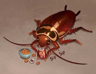 6_limbs ambiguous_gender antennae_(anatomy) beverage beverage_can bowl brown_body can cola container eyes_closed feral food glistening glistening_body holding_beverage holding_can holding_container holding_object ketchup lying multi_limb on_front relaxing sipping soda solo text cuttledreams dr_pepper arthropod blattodean cockroach insect digital_drawing_(artwork) digital_media_(artwork) english_text
