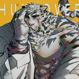 abs anthro big_hands black_clothing black_shirt black_tank_top black_topwear bodily_fluids bottomwear clothing fangs fur huge_hands hungover jewelry kiss_mark looking_aside male muscular muscular_male nipple_piercing nipples pecs piercing pink_nipples pink_nose scar shirt simple_background solo striped_body stripes tail tank_top teeth topwear white_body white_clothing white_fur white_shirt white_topwear yellow_background bounsies arknights hypergryph studio_montagne mountain_(arknights) felid mammal pantherine tiger 1:1 hi_res