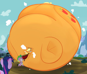 air_inflation anthro belly belly_expansion big_belly big_butt black_eyebrows blonde_hair blue_hair blue_sky bodily_fluids body_inflation brown_clothing brown_hat brown_headwear butt butt_expansion castle clothing cloud cowboy_hat cutie_mark expansion eyebrows eyelashes female feral floating green_body green_eyes group hair hat headgear headwear horn huge_belly huge_butt hyper hyper_belly hyper_butt hyper_inflation immobile inflation male multicolored_body multicolored_hair orange_body outside pink_hair plant puffed_cheeks purple_body purple_ears purple_eyebrows purple_hair purple_horn shrub sky spherical_inflation sweat sweatdrop tree trio two_tone_body unicorn_horn disco_chaos friendship_is_magic hasbro my_little_pony mythology applejack_(mlp) spike_(mlp) twilight_sparkle_(mlp) dragon equid equine horse mammal mythological_creature mythological_scalie pony scalie 2025 colored digital_media_(artwork) hi_res shaded