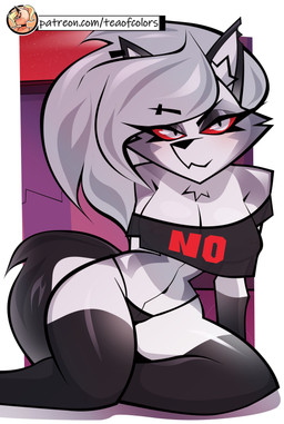 anthro breasts clothed clothing female nipples red_sclera solo translucent translucent_clothing teaofcolors hellaverse helluva_boss mythology loona_(helluva_boss) canid canid_demon canine demon hellhound mammal mythological_canine mythological_creature absurd_res hi_res