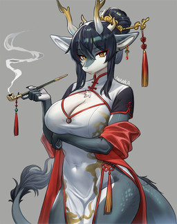 accessory anthro asian_clothing big_breasts black_hair breasts chinese_clothing claws cleavage_cutout clothing cutout east_asian_clothing female female_anthro grey_background grey_body grey_skin hair hair_accessory hand_on_own_breast horn looking_at_viewer makeup navel nipple_outline nipples non-mammal_breasts non-mammal_hair non-mammal_navel non-mammal_nipples pose simple_background smoke smoking smoking_pipe solo tail text yellow_eyes nonoka917 chinese_zodiac mythology dragon mythological_creature mythological_scalie reptile scalie artist_name colored detailed digital_drawing_(artwork) digital_media_(artwork) hi_res shaded signature
