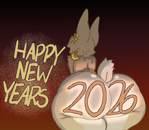 ambiguous_gender anthro big_butt biped butt ear_piercing ear_ring eyelashes eyes_closed eyewear fur glasses holidays nude open_mouth open_smile piercing rear_view ring_piercing smile solo tail text cofficremer new_year new_year_2026 coffi_(cofficremer) canid canine fox mammal 2025 english_text hi_res male_(lore)