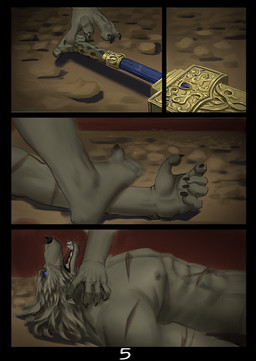 anthro black_sclera blue_eyes claws duo male male/male melee_weapon scar stepped_on sword weapon red8ean elden_ring fromsoftware blaidd_(elden_ring) canid canine canis mammal wolf comic multiple_scenes