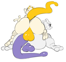 anthro backsack balls big_balls big_butt butt butt_stack duo genitals huge_butt looking_at_viewer male male/male nude presenting nondelismell nintendo pokemon giegues_(character) peach_(peachymewtwo) generation_1_pokemon legendary_pokemon mewtwo pokemon_(species) digital_media_(artwork) hi_res