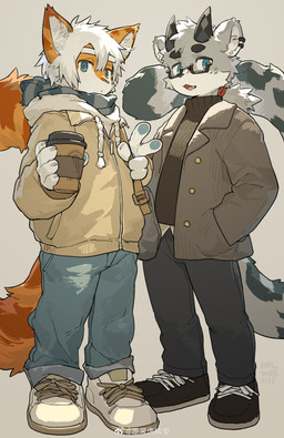 anthro black_eyebrows black_horn bottomwear clothing coffee_cup container cup duo eyebrows eyewear footwear fur gesture glasses grey_body grey_fur hair holding_container holding_cup holding_object horn humanoid_hands jacket kemono looking_at_viewer male markings multicolored_body multicolored_fur orange_body orange_fur pants scarf shoes simple_background sneakers spots spotted_markings spotted_tail striped_body striped_fur striped_markings striped_tail stripes sweater tail tail_markings topwear two_tone_body two_tone_fur white_body white_eyebrows white_fur white_hair white_sclera milkybot weibo hu_ku_li_(milkybot) nonas_99 domestic_cat felid feline felis mammal pantherine snow_leopard 2025 absurd_res alternate_version_at_source hi_res