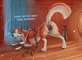 anatomically_correct anatomically_correct_genitalia animal_genitalia animal_vulva anus bedroom_eyes butt canine_genitalia canine_vulva dialogue female feral food genitals kerchief looking_at_viewer looking_back meat movie_reference narrowed_eyes presenting presenting_anus presenting_hindquarters presenting_vulva raised_tail sausage seductive smile smiling_at_viewer solo tail throbbing throbbing_vulva vulva queenkoko balto_(series) universal_studios jenna_(balto) canid canine mammal hi_res