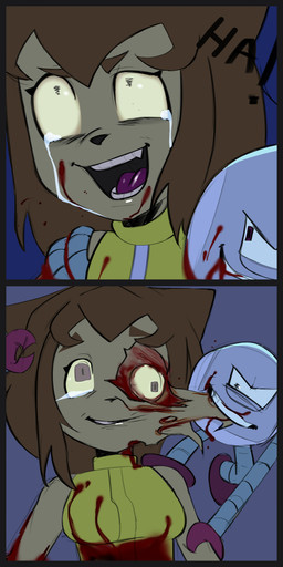 anthro blood blood_on_face bodily_fluids brown_hair clothing duo female gore hair male male/female tears yellow_clothing pche risa_mau gameoverse glitch_productions kaboodle_(gameoverse) kit_bodega domestic_cat felid feline felis mammal 1:2 absurd_res comic hi_res