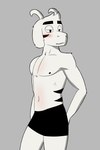 anthro bedroom_eyes blush boxer_briefs boxers_(clothing) clothing fur horn male markings narrowed_eyes seductive simple_background solo underwear white_body white_fur nihilistdigby undertale undertale_(series) asriel_dreemurr_(god_form) boss_monster_(undertale) bovid caprine mammal monster 2:3 absurd_res hi_res