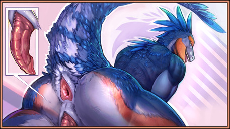 animal_genitalia anthro anus blue_body blue_feathers butt feathers genital_slit genitals grin looking_at_viewer looking_back male markings nude orange_body orange_feathers penis presenting presenting_anus presenting_penis raised_tail rear_view smile solo tail teeth tongue white_body white_feathers yellow_eyes danelaxy_(artist) dinosaur dromaeosaurid feathered_dinosaur feathered_scalie prehistoric_species reptile saurischian scalie theropod hi_res smaller_version_at_source
