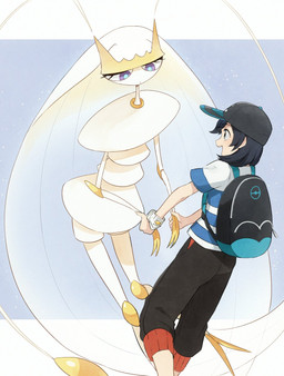 antennae_(anatomy) backpack black_hair clothed clothing duo female hair hand_holding hat headgear headwear male open_mouth purple_eyes simple_background smile standing hric25 nintendo pokemon elio_(pokemon) arthropod generation_7_pokemon human insect mammal pheromosa pokemon_(species) ultra_beast 2017 digital_media_(artwork) hi_res