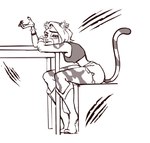 anthro biped bottomwear clothing female shorts sitting solo hyung7754 supermansion cooch_(supermansion) domestic_cat felid feline felis mammal 2019 hi_res monochrome