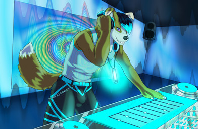 anthro belt black_nose bottomwear brainwashing bulge chain clothed clothing cyberpunk disc_jockey electronics floppy_ears fur glowstick glowstick_necklace hair headphones hypnosis leggings legwear looking_at_viewer male mind_control playing_music shirt simple_background smile solo speaker spiral spiral_eyes tail tank_top teeth topwear turntable_(decks) turntable_(record_player) howlfeiwolf hypnovember hypnovember2025 benji_(jetstreampat) canid canine canis domestic_dog mammal cel_shading digital_media_(artwork) hi_res shaded