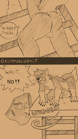 anthro balls blush bodily_fluids butt embarrassed exhibitionism genital_fluids genitals humiliation knot leaking_precum male nipples nude penis pool poolside precum solo text remmus_cobalt canid canine mammal 9:16 comic english_text hi_res