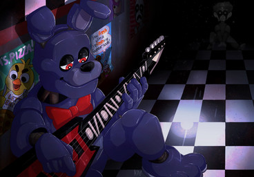 3_toes 5_fingers anthro black_nose bow_tie duo electric_guitar feet fingers guitar half-closed_eyes inside looking_down machine male musical_instrument narrowed_eyes plucked_string_instrument poster purple_body sitting string_instrument toes snazzamazing five_nights_at_freddy's scottgames bonnie_(fnaf) animatronic ghost lagomorph leporid mammal rabbit robot spirit 2020 alternate_version_at_source hi_res signature