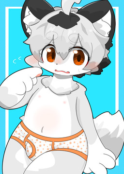 ahoge anthro blush briefs briefs_only brown_eyes bulge clothed clothing front_view gesture grey_hair hair hand_gesture kemono male nipples orange_seam_underwaer pattern_clothing pattern_underwear pointing pointing_at_self solo topless underwear underwear_only white_body young mujimuji1010 canid canine fox mammal 2025 absurd_res hi_res portrait three-quarter_portrait