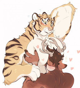 abs anthro anthro_on_anthro antlers blush brown_hair chest_tuft claws duo face_on_chest fur green_eyes hair heart_symbol horn interspecies looking_at_another male male/male muscular muscular_male nude pec_grab pec_squeeze pecs pink_nose predator/prey short_hair simple_background striped_body striped_fur stripes tuft white_background hijen deer felid mammal pantherine tiger 2026 colored colored_sketch digital_drawing_(artwork) digital_media_(artwork) hi_res shaded sketch