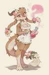 accessory anthro apron apron_only bottle braided_hair breasts chest_tuft claws cleavage clothed clothing container female flask flower freckles fur furgonomics hair head_tuft horn horn_accessory looking_at_viewer pink_eyes plant simple_background solo tail tail_accessory tuft waspsalad furred_kobold furred_scalie kobold scalie hi_res