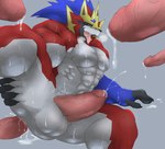 abs anthro balls blue_body blue_fur bodily_fluids breath bukkake cum cum_in_ass cum_inside ejaculation fur gangbang genital_fluids genitals group group_sex looking_pleasured male male/male panting penis red_body red_fur sex sweat vein veiny_penis sixtuponoke nintendo pokemon canid canine crowned_shield_zamazenta generation_8_pokemon legendary_pokemon mammal pokemon_(species) zamazenta absurd_res hi_res