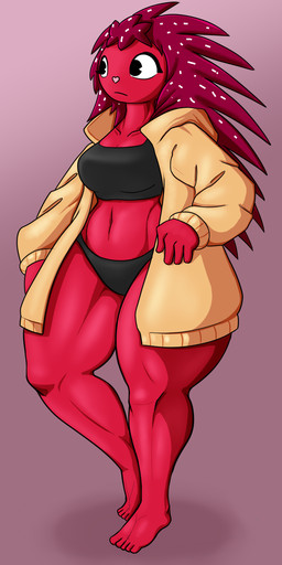 5_toes anthro black_eyes breasts clothing feet female jacket red_body solo standing toes topwear underwear king_of_sorrow_(artist) happy_tree_friends flaky_(htf) mammal porcupine rodent hi_res