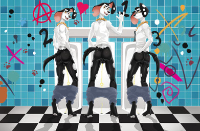 aged_up anthro anthrofied backsack balls bathroom bodily_fluids bottomwear bottomwear_down butt chain chain_necklace clothed clothing feet fingers fur genital_fluids genitals gesture gold_(metal) gold_chain graffiti graffiti_on_wall group hand_gesture jewelry looking_back male male_peeing markings necklace open_mouth pants pants_down partially_clothed peeing public_restroom rear_view shirt smile spots spotted_body standing tail tank_top teeth toes topwear trio urinal urine urine_stream watersports dal101strefan 101_dalmatian_street 101_dalmatians disney dimitri_1_(101_dalmatians) dimitri_2_(101_dalmatians) dimitri_3_(101_dalmatians) dimitri_trio_(101_dalmatians) canid canine canis dalmatian domestic_dog mammal digital_media_(artwork) hi_res brother_(lore) brothers_(lore) sibling_(lore) triplets_(lore)