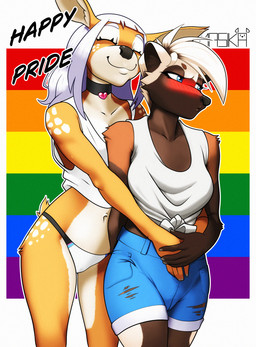 anthro bleached_hair blonde_hair blue_eyes blue_hair blush blushing_profusely bottomwear brown_body brown_fur choker clothing countershading duo ear_tuft female female/female fur fur_markings hair heart_jewelry hug jewelry love markings necklace orange_body orange_fur panties pouting shirt shorts smile tied_shirt topwear tuft tufted_fur underwear masikadraws be_(masikadraws) jenny_(masikadraws) deer gulonine mammal mustelid musteline wolverine hi_res