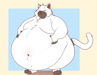 anthro belly belly_overhang belly_squeeze big_belly biped black_body black_fur black_markings chubby_cheeks double_chin eyes_closed facial_markings feet fingerless_(marking) fur hand_on_belly head_markings huge_belly male markings moobs morbidly_obese morbidly_obese_anthro morbidly_obese_male muzzle_(marking) navel nude obese obese_anthro obese_male overweight overweight_anthro overweight_male smile solo standing tail tail_markings thick_thighs toeless_(marking) white_body white_fur wide_hips razigator domestic_cat felid feline felis mammal hi_res