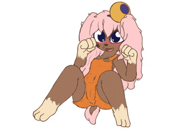 anthro biped blush brown_body butt clothed clothing female flat_chested hair looking_at_viewer simple_background smile solo tail young young_anthro young_female cristalyzed ankama dofus dofus:_book_i_judith dofus:_kerub's_bazaar lilotte canid canine canis domestic_dog mammal ouginak hi_res