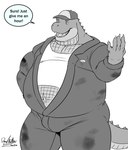 anthro baseball_cap belly clothing dirty dirty_clothing hat headgear headwear male name_tag navel oil_stain open_jumpsuit open_mouth overweight overweight_anthro overweight_male shirt simple_background solo speech_bubble tank_top topwear deadanthro dan_(deadanthro) alligator alligatorid crocodilian reptile scalie 2020 sketch