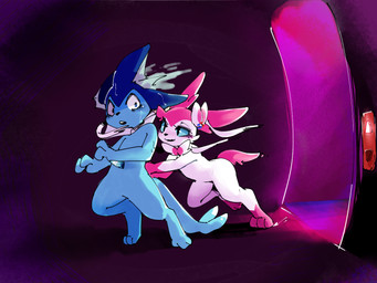 3_fingers 3_toes ambiguous_gender anthro anthrofied biped black_nose blue_body blue_ears blue_eyes blue_skin bodily_fluids bow_(feature) bow_accessory detailed_background digitigrade duo ear_bow ear_fins ear_piercing ear_ring elevator featureless_crotch feet fin fingers frill_(anatomy) fur gloves_(marking) head_fin holding_knife holding_object kemono knife leg_markings looking_at_another markings membrane_(anatomy) membranous_frill monotone_tail multicolored_body multicolored_fur neck_bow neck_frill no_sclera nude open_mouth paws piercing pink_body pink_ears pink_fur pink_tail pokemorph pupils ring_piercing running semi-anthro shocked side_view slit_pupils smile socks_(marking) stab standing sweat sweatdrop tail tail_fin three-quarter_view toes translucent translucent_body two_tone_body two_tone_fur violence white_body white_fur white_ribbon netchy_boo nintendo pokemon aquatic canid eeveelution generation_1_pokemon generation_6_pokemon mammal pokemon_(species) sylveon vaporeon 4:3 colored digital_media_(artwork) full-length_portrait high_contrast portrait shaded