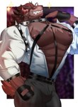 abs anthro belt big_pecs bottomwear brown_body brown_fur bulge chest_tuft clothed clothing collar fingerless_gloves food fur gloves grin handwear harness horn male muscular muscular_anthro muscular_male nipples open_clothing open_shirt open_topwear pants pecs red_eyes sharp_teeth shirt smile solo sparkles spiked_collar spikes teeth topwear tuft magangz cookie_run cookie_run_kingdom devsisters schwarzwalder canid canine canis food_creature mammal wolf hi_res